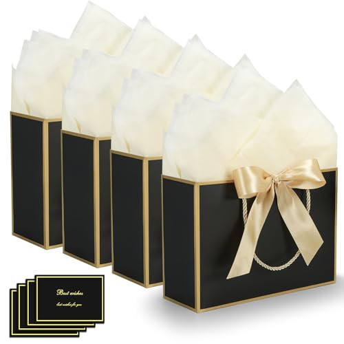 FLUETOOD Sacs Cadeaux Avec Anse, 4 Sacs Cadeaux, 4 cartes de vœux, 4 Ruban à nœuds, 8 Papiers de soie, Sacs cadeaux en papier, emballage cadeau pour cadeau, fête, anniversaire, mariage (28*10*20 cm)