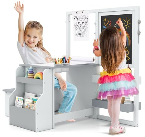GYMAX Set di Cavalletto con Tavolo e Panca per Bambini, Scrivania Multifunzionale in Legno con Lavagna Bifacciale, Rotolo di Carta, Scaffale, Contenitore, Mobili per Attività (Grigio e Bianco)