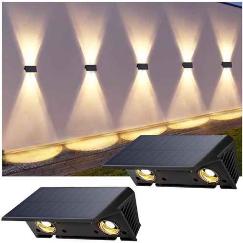 wandleuchte solar außen IIRARA solar wandleuchte aussen solarlampen Nach Oben und Unten Beleuchtet 4 LEDs IP67 Wasserdichte Solarleuchte für Garten Balkon Terrasse Treppen Warmweiß 2er