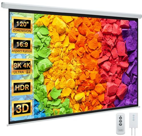 YODOLLA 120 Projector Screen Motorized 16:9, 4K HD Pull Down Retractable Projection Screens Electric Automatic Wall Ceiling Movie Screen for Office Classroom Indoor with Remotes