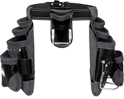 Fueri Multipurpose Black 16 Pocket Leather Tool Belt | 100% Grain Leather Carpenter Tool Pouch Framer Tool Bag | Construction Tool Belt for Carpenter Electrician