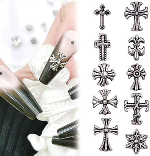 100 Stück 3D Kreuz Nagel Charms, Kreuz Nail Art Charms, Chrom-Nagel-Charms, Vintage Nagelkunst Zubehör,DIY Nail Art Dekoration,für Frauen Mädchen Nägel DIY Dekoration