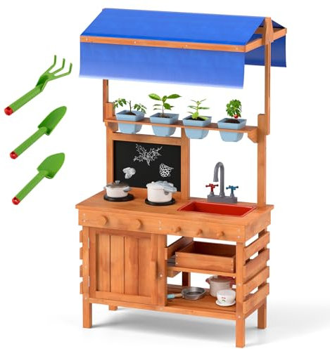 COSTWAY Matschküche Kinder Outdoor, Kinderküche Holz mit Sonnendach & Tafel & Pflanzbechern & Schaufeln, Spielküche mit Herd Spüle Schublade, Gartenküche Outdoor Küche für Kinder ab 3 Jahren