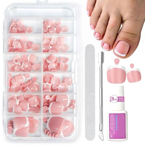 French Fake Toe Nails Set - 120PCS Short Square False Toenails Kit With Glue - White French Tip Pink Stick On Toenails - Glossy Full Cover Acrylic False Toe Nails For Women Nail Art DIY Gift