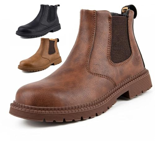 Bottes à embout d'acier for femmes et hommes, baskets de sécurité légères et imperméables à enfiler, baskets de sécurité confortables for le travail dans l'industrie et la construction(Brown,43 EU)