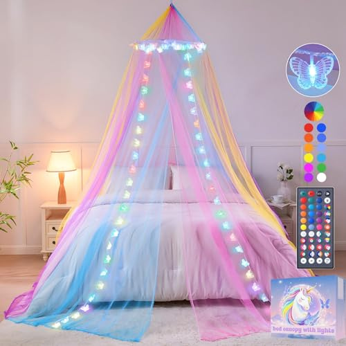 Rainbow Canopy-RGB Butterfly Regenbogen Betthimmel für Mädchen mit 34 Farben Schmetterlingen Licht | Prinzessin Himmelbett Vorhänge mit Farben LED-Licht, Baldachin mit Remote & Timer für Kinderzimmer, Zelt, Twin, Queen Bett