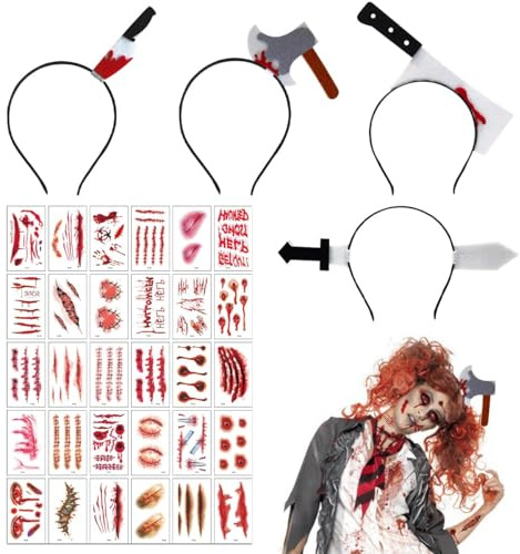 4 Stück Halloween Horror Haarreif, Halloween Messer im Kopf, halloween Axt Stirnbänder mit 30 Narben Tattoo Aufkleber, Horror Haarreif Set, Hallowee-n Grusel Accessoires mit für Fasching Karneval