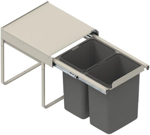 REJS Poubelle Encastrable pour Meuble de 45 cm Système de Tri Sélectif à 2 Bacs avec Couvercle Soft-Close et Extension Complète 41,4 x 50,5 x 45 cm (2x 20L) Montage Frontal Argent