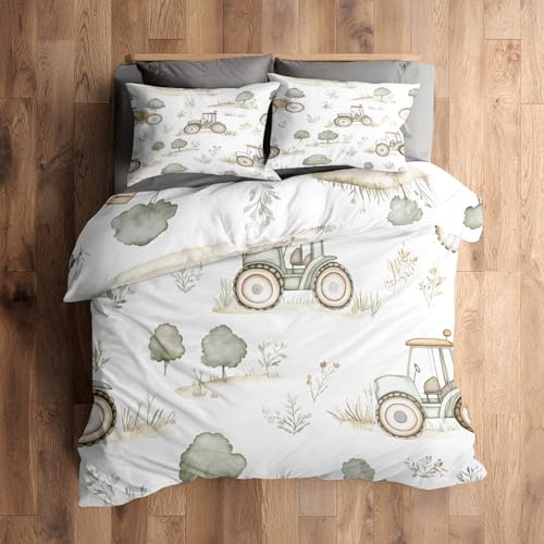 Generisch 135x200 Bettwäsche Traktor Bettbezug - 2tlg, 1 Kissenbezug 80x80, Cartoon Bauernhof Muster, Schlafzimmer Deko, Weiche Mikrofaser Wendebettwäsche mit Reißverschluss - IL265