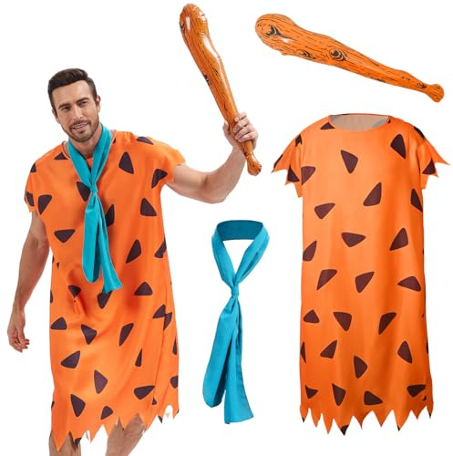 AKFJDLAD Disfraz de hombre de las cavernas para adultos, disfraz prehistórico de la edad de piedra con estampado naranja, túnica con palos (4XL)