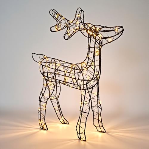 LED Metall Draht Rentier 45 cm schwarz mit Timer | 120 LEDs, 3D Weihnachtsfigur, Warm weiß beleuchtet, Batteriebetrieben, Für Innen