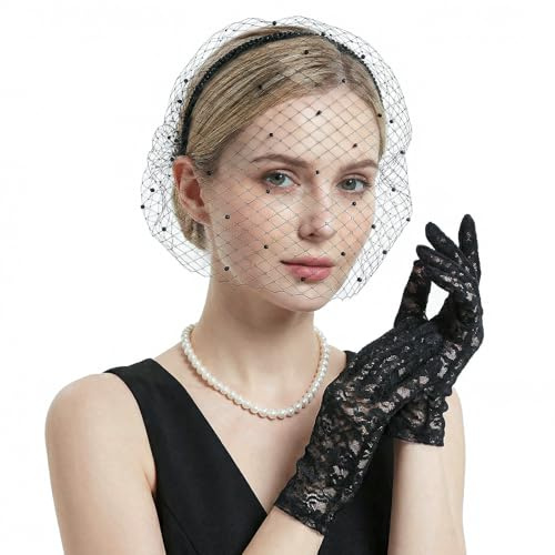 Styquenzer 2Pcs Black Veil & Black Lace Gloves Sets, 1920s Headband for Women Birdcage Veil Tea Party Fascinator Veils for Women