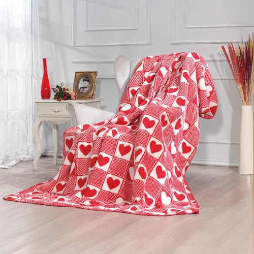 MaxxGoods große Kuscheldecke Herz Rot/Weiß 180x200 cm - Weiche Wohndecke mit Herzmuster - Flauschige Sofadecke, Tagesdecke - Baumwollmix Decke für Sofa, Sessel, Bett - Romantisch & gemütlich