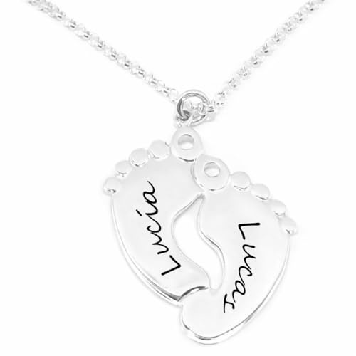 Colgante doble pies en plata de ley 925 personalizado con nombres de hijos | Joya grabada para madre o abuela | Regalo Día de la Madre, cumpleaños y ocasiones especiales