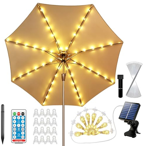 HOVCEH Sonnenschirm Beleuchtung Solar, 104 LEDs Sonnenschirm Lichterkette, 8 Modi Sonnenschirmbeleuchtung mit Fernbedienung und Clip, Lichterkette für Sonnenschirmfür Camping,Schirmdekoration,Party