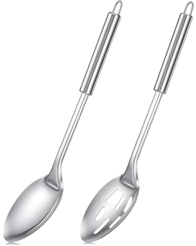 HJZHII 2Pcs Stainless Steel Cooking Spoons Set, Large Cooking Serving Spoon & Slotted Spoon Cooking Utensils Tool Mixing, Serving, Stiring Spoons, Gifts for Home, Restaurant, Dishwasher Safe