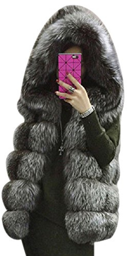 LaoZan Gilet di Pelliccia Ecologica Senza Maniche con Cappello Caldo e Elegante - Argento - 2X Large