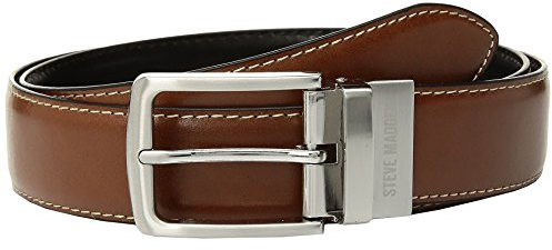 Steve Madden Reversible Men's Dress Casual Every Day Leather Belt, Cognac/Black (Feather Edge), 38