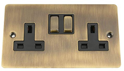 Antique Brass Flat Socket 2 Gang Black Insert Metal Rocker Switch
