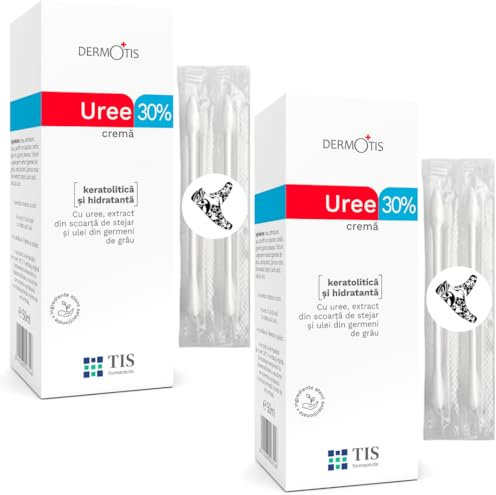 TIS Urea Creme 30% - Ekzem, Keratose, Psoriasis, Hautausbrüche, trockene, rissige Haut - verbessert das Erscheinungsbild von Wunden und Narben | Milchsäure (AHA), Weizenkeimöl + Wattestäbchen - 2 x50g