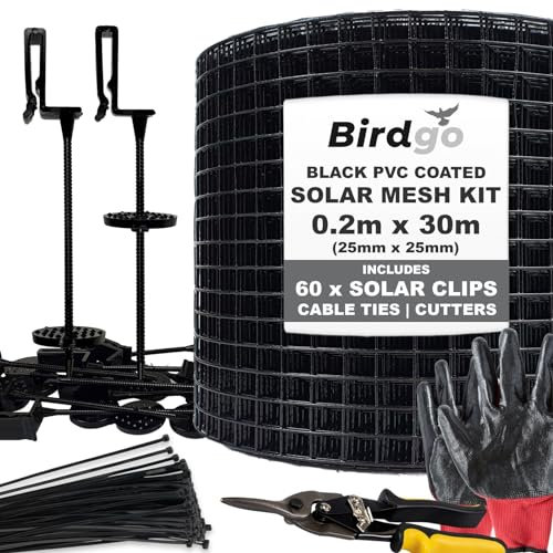 Birdgo Bird Proofing Mesh & 60 Fixing Clip Kit for Control & Prevention of Pigeons Nesting Under Roof Solar Panels (Black PVC 30m)