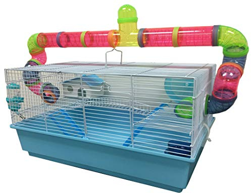 Large 2-Level Expandable and Customizable Habitat Hamster Rodent Gerbil Guinea Pig Mouse Mice Cage with Crossing Bridge Long Crossover Tube Deep Tray