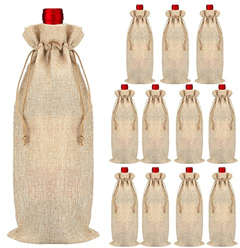 G2PLUS 12 Stück Jute Weinbeutel, 36x16cm Weintasche mit Kordelzug, Sackleinen Geschenkbeutel für Wein Champagner Hochzeit Weihnachten Party (Braun)