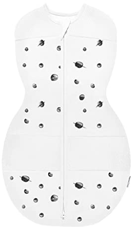 Happiest Baby Sleepea 5-sekunderslinda – lindningssäck i 100% ekologisk bomull – läkardesignad, minskar värmebildning, extra tyst kardborreband (elfenbensvita planeter, small)