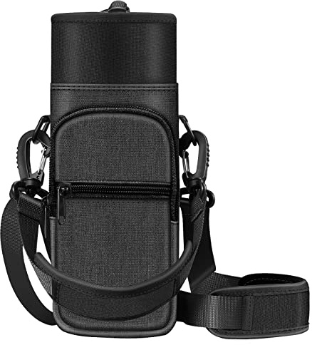 CASEBOT Water Bottle Carrier Bag Sling Case, Sports Water Bottle Pouch Holder Sleeve with Adjustable Shoulder Hand Strap and 2 Pockets for Men Women Kids Hiking Camping Travelling, Black