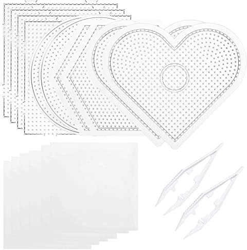 dedoot - Tableros de cuentas Perler, 18 piezas de 5 mm, tableros cuadrados de plástico transparente con diseño de cuentas Perler (10 tablas + 6 papeles de planchado + 2 pinzas de cuentas) para cuentas