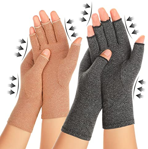Zexhoor 2 Pairs Arthritis Compression Gloves for Women Men, Carpal Tunnel Pain Relief, Fingerless for Typing Both Hands