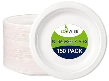 BH | 10 Large Bagasse Plates | Pack of 150 | Ecofriendly Biodegradable & Compostable | Disposable Dinner Party Plates | Sugarcane Fibre Plate for Everyday USE Party Picnic BBQ Work - by Best House