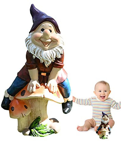 Divertidos gnomos de jardín – Divertido enano de jardín de resina sentado sobre hongos | Figura de gnomo de resina dulce decoración exterior para terraza, patio, patio, césped, porche, decoraciones,