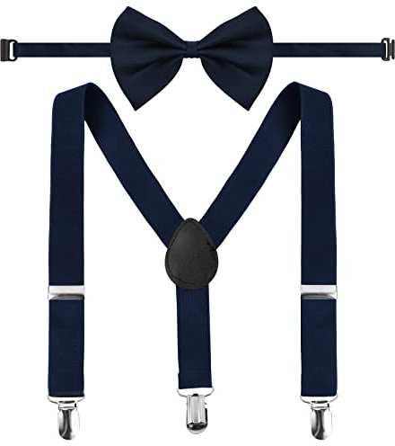 Daelesr Bretelle per Bambini e Papillon Elastici, Set di Cinghie Regolabili Y per Ragazzi e Ragazze da 1 a 10 Anni (Blu Navy)