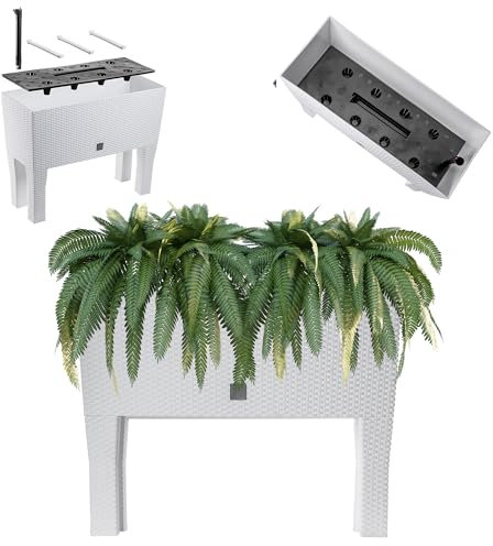 KADAX Vaso da fiori su gambe, aiuola rialzata in plastica in 2 misure, fioriera in rattan, fioriera per giardino, balcone, terrazza, fioriera (60 cm/bianco)