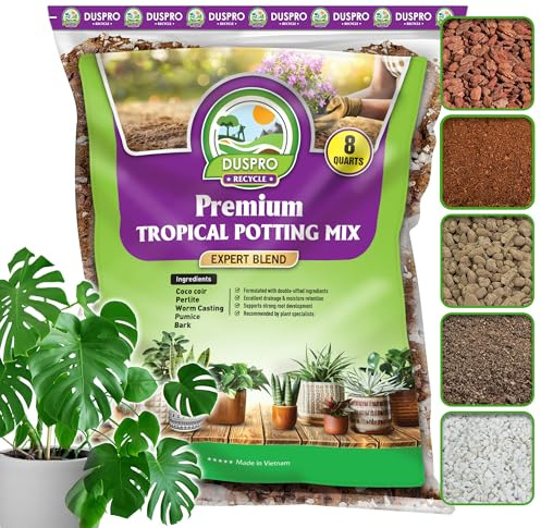 DUSPRO Recycle Tropical Potting Mix Pre-Mixed 5in1 with Pine Bark, Coco Coir, Perlite, Worm Casting & Pumice Ideal Aroid Mix Soil for Monstera, Pothos, Philodendron, Other Indoor HousePlants 8QRT