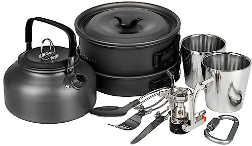 Camping Geschirr Set 10-teilig für 1-2 Personen - Kochgeschirr mit Topf Pfanne Kessel Becher Besteck und Zünder - Outdoor Kochset kompakt & leicht - Schwarz/Silber