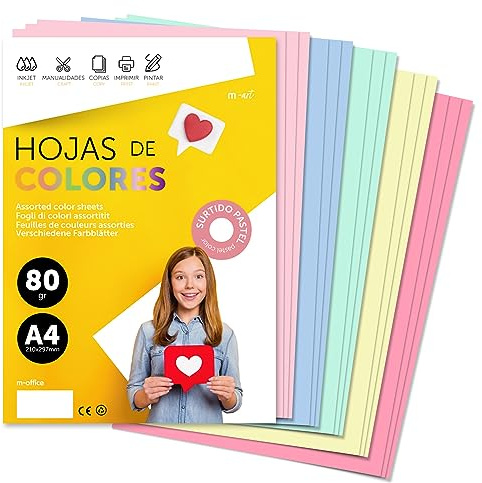 Folios de colores A4, Papel colorido 80gr ideal para hacer Manualidades y Decoraciones, de Colores para Imprimir tus Documentos y Diseños Creativos, Folios A4 · m-office (50h, Surtido Pastel)