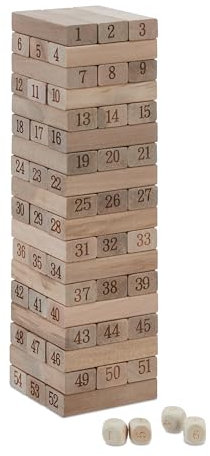 Relaxdays Torre Traballante, Gioco di Abilità con 54 Blocchi in Legno, con Numeri e Dadi, 26,5 x 7,5 x 7,5 cm, Naturale