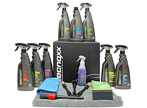 Tecnoxx – Full Detailing Pro Kit Ensemble 9 Produits pour Nettoyer Voiture Intérieur/Extérieur Polish Nettoyant Jantes Produits pour Tableau de Bord Sièges Élimination d'Insectes et Plus