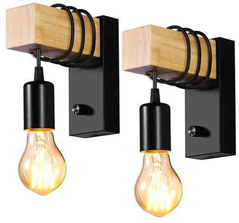 Wowlela 2 Stücke Wandleuchte Innen Vintage Dimmbar Wandlampe Schwarz E27 mit Schalter Industrial Holz Wandleuchte Innen für Treppenhaus Flur Cafe Bar Restaurant Hotel Wohnzimmer (Ohne Leuchtmittel)