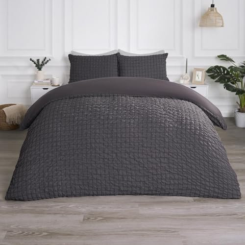 OHS Grey Seersucker Double Duvet Set, Geometric Waffle Bedding Duvet Covers with Pillowcases Luxury Embossed Duvet Covers for Double Bed Super Soft Comfy, Charcoal