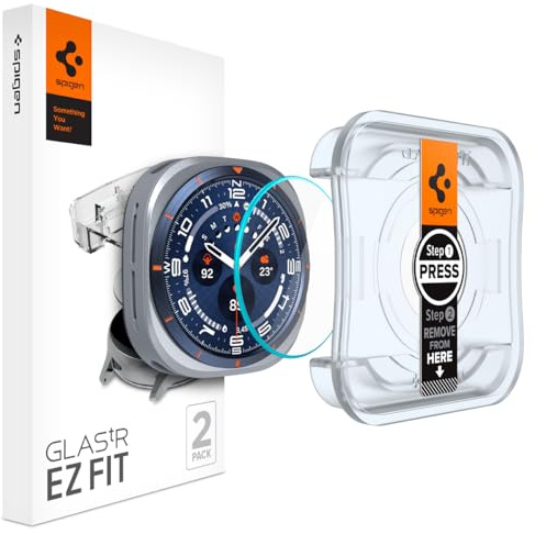 Spigen EZ Fit Schutzfolie [2 Stück] für Samsung Galaxy Watch Ultra, 47mm | Gehärtetes Glas, inkl. Installationskit, Kristallklar, Kratzfest, Hüllenfreundlich, 9H Härte Folie