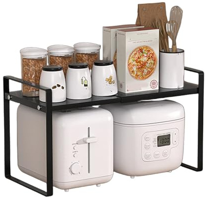 Gevvnss Ripiani Cucina Salvaspazio,Scaffale Organizer Mensole Espandibili 35-65 * 22 * 25cm,Organizer Divisorio per Cucina,Spezie,Banconi,Dispensa,Bagno,Set di 1,Nero