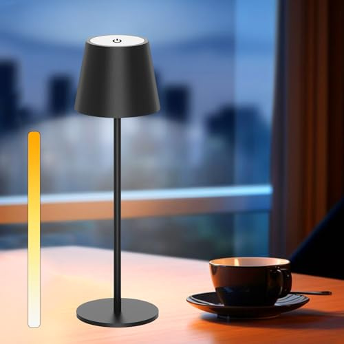 ANTELA Lampada da Tavolo LED Senza Fili Ricaricabile, Lampada da Scrivania Portabile Dimmer Touch 3000K/4000K/5000K, IP44 Impermeabile, per Interni/Esterni, Ristorante, Bar, Camera da Letto, Nero