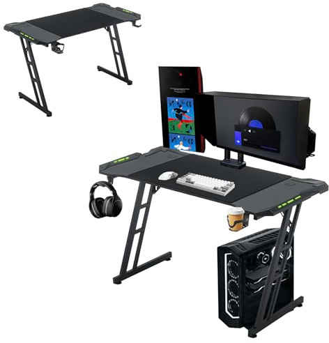 Froadp Escritorio para videojuegos con LED, 160 x 60 cm, superficie de fibra de carbono, mesa ergonómica para ordenador con soporte para bebidas y auriculares, gancho para PC, marco Z estable