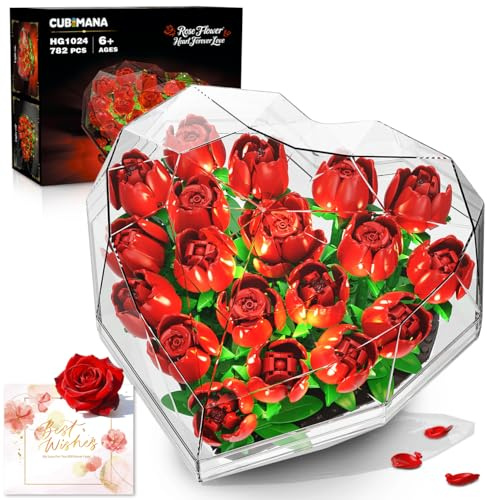 CUBIMANA Ensemble Construction Fleurs Roses avec boîte en Forme cœur et lumière, 19 Blocs Construction Fleurs avec Carte, kit Plantes décoratives Cadeau Saint-Valentin d'anniversaire pour épouse mère