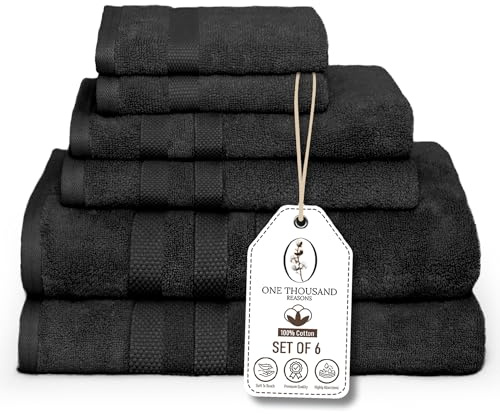 Premium Staple Cotton Bathroom Towel Set - Black 600 GSM 6-Piece Luxury Bath Towel Set 3 Stripe - 2 Bath Towels, 2 Hand Towels & 2 Washclothes Set - High Absorbent & Quick Dry for Gym, Spa, Hotel