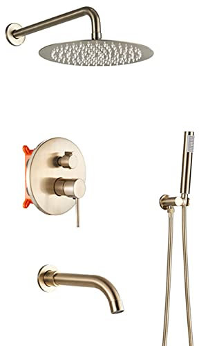 IUBGFTO Brushed Gold Rain Mixer Shower Combo Set, Concealed 3 Way Shower System with Rainfall Shower Head, Handheld Shower and Rotate Tub Faucet (16inch)