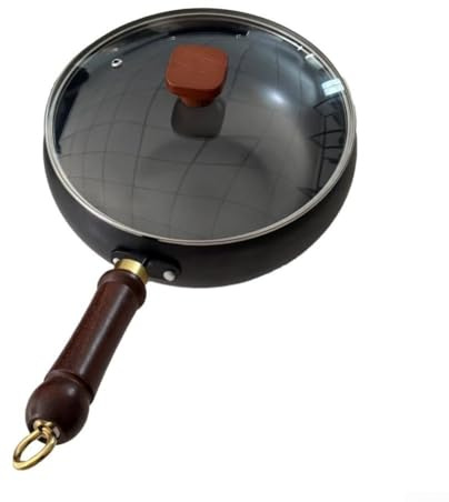 Pentola tradizionale in ferro forgiato a mano, piccola padella tradizionale in metallo non rivestito, con pareti spesse, base pesante per rosolare (pentola da 24 cm + coperchio in vetro)